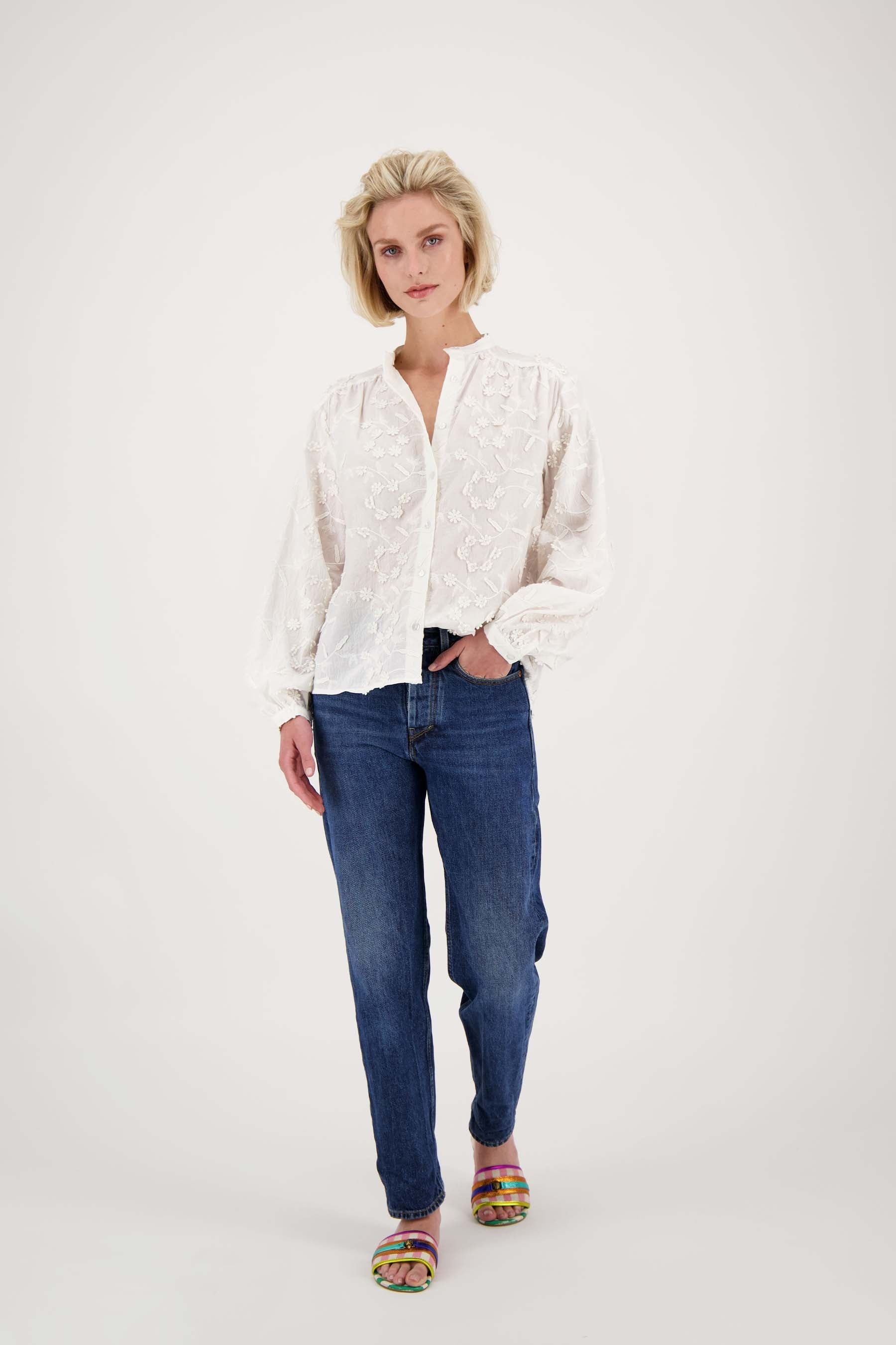 blouse lange mouw structuur bloem wit