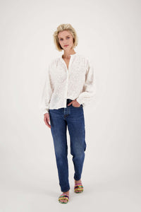 blouse lange mouw structuur bloem wit