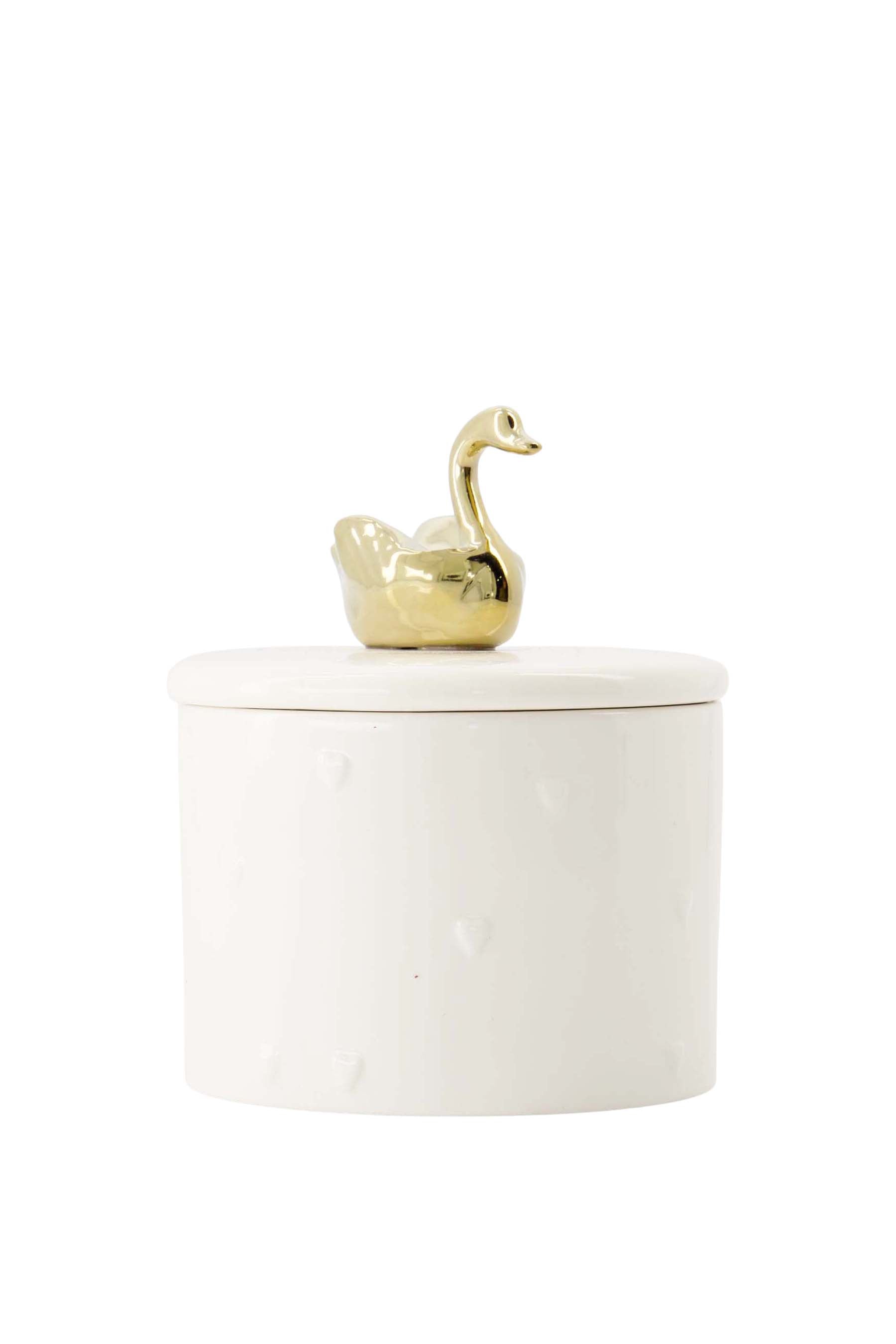 geurkaars keramiek met deksel M zwaan wit/goud
