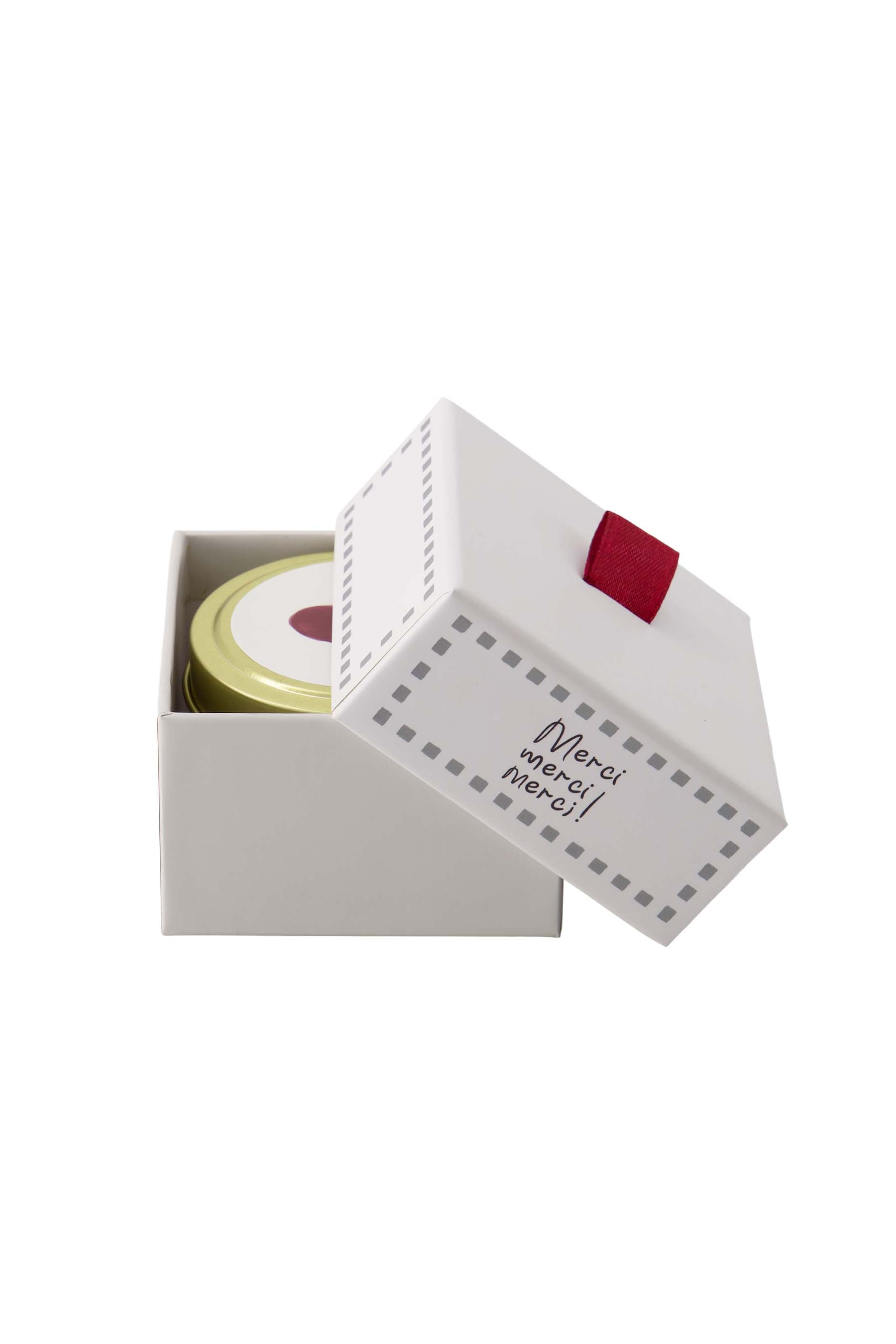 geurkaarsje tinnen in doosje merci wit/grijsblauw