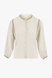 blouse met borduursels zand/saliegroen