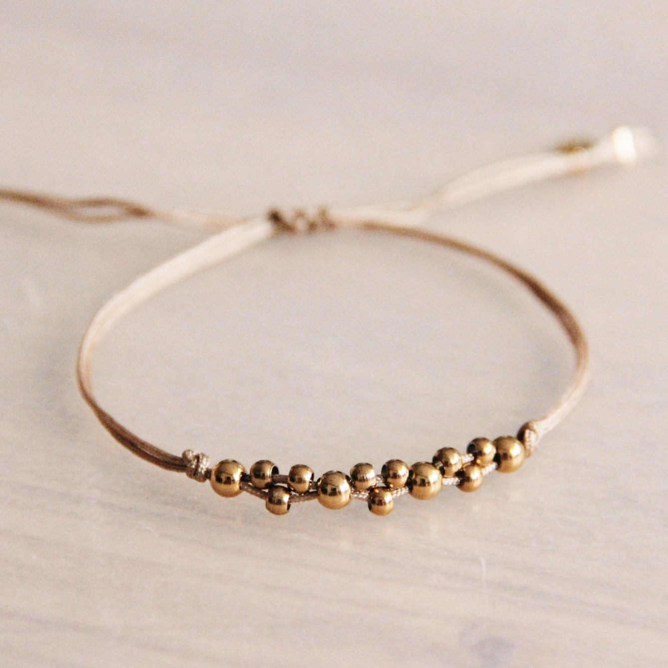 Satin Bracelet With Gold Colored Beads - Taupe / Gold