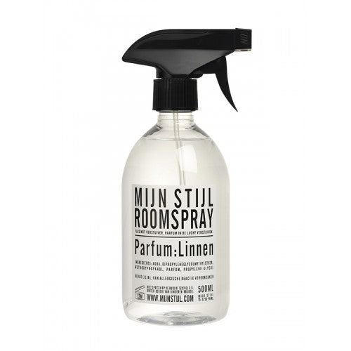 Roomspray parfum linnen 500 ml wit/zwart etiket