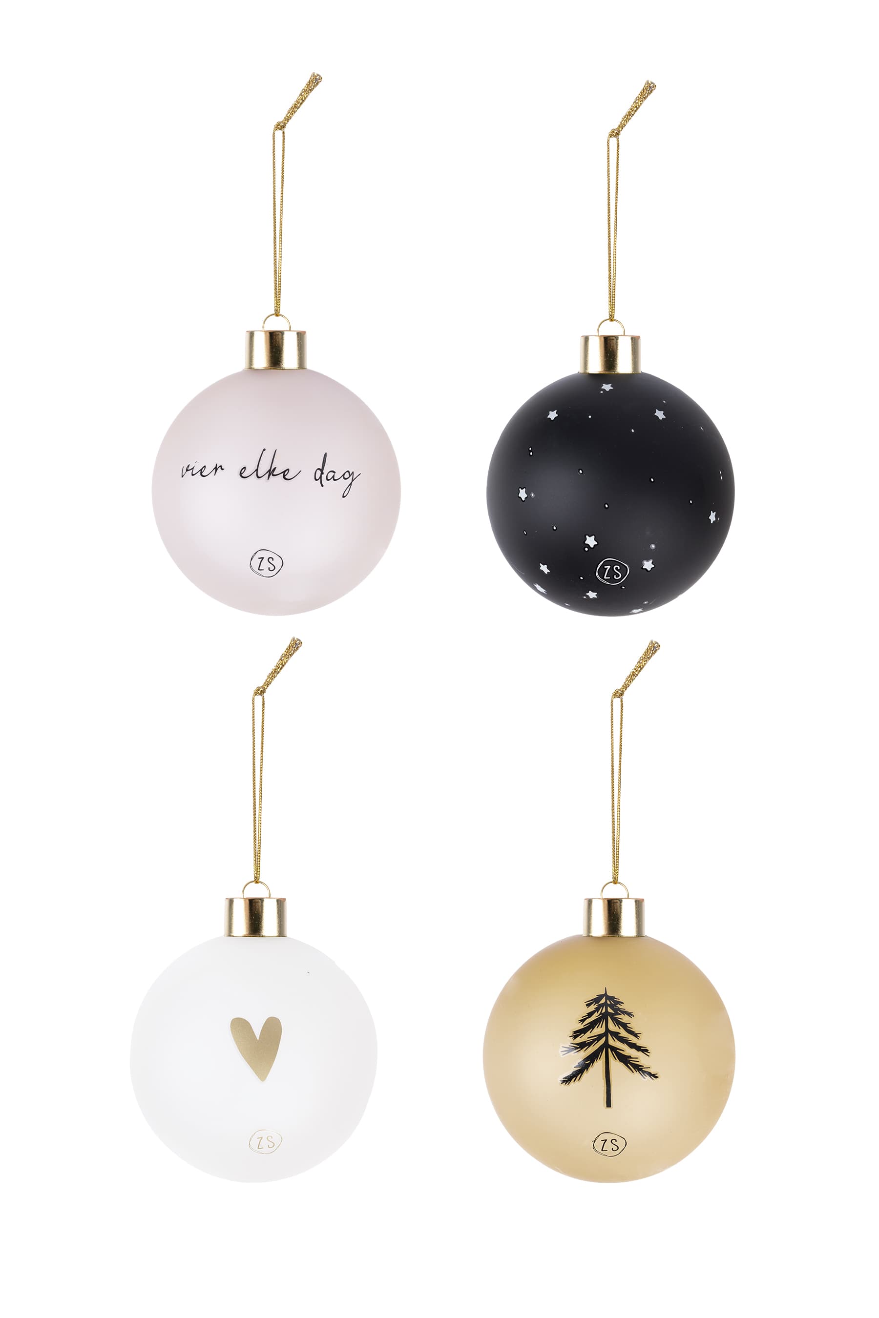 Doosje met 4 kerstballen poederroze/goud/wit/zwart