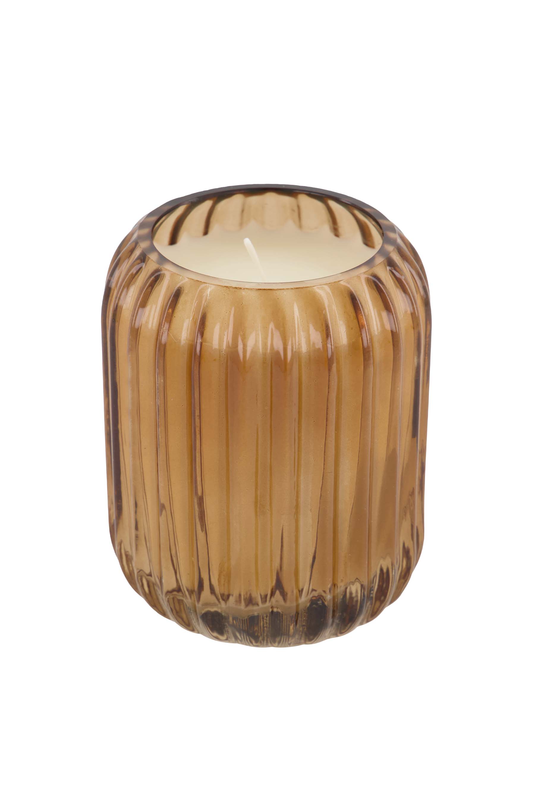 geurkaars in glas met ribbels linnen roestbruin