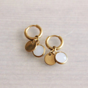 Stainless steel creoles with crystal and plate - creme/gold